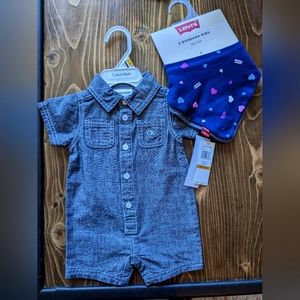 New 0-3 month Calvin Klein denim romper & Levi's drool bibs